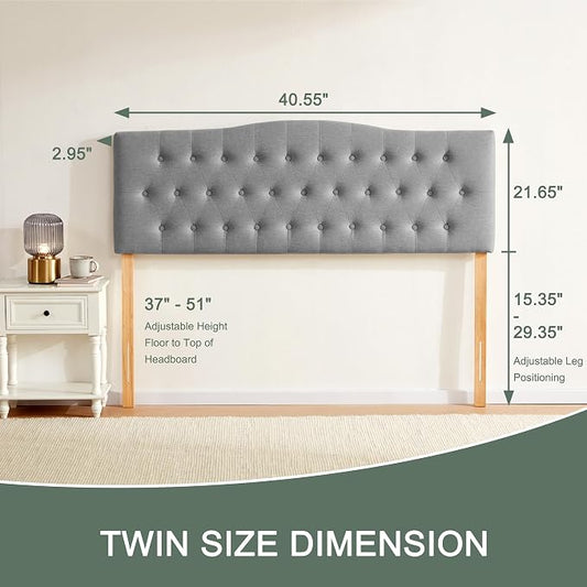 Tufted Headboard Twin Size, Solid Wood Adjustable Height Head Board, Gray | Upholstered Twin XL Headboard Only, Durable Solid Wood Legs, Adjustable Height 37-51 in, Fabric Button Diamond HeadBoards