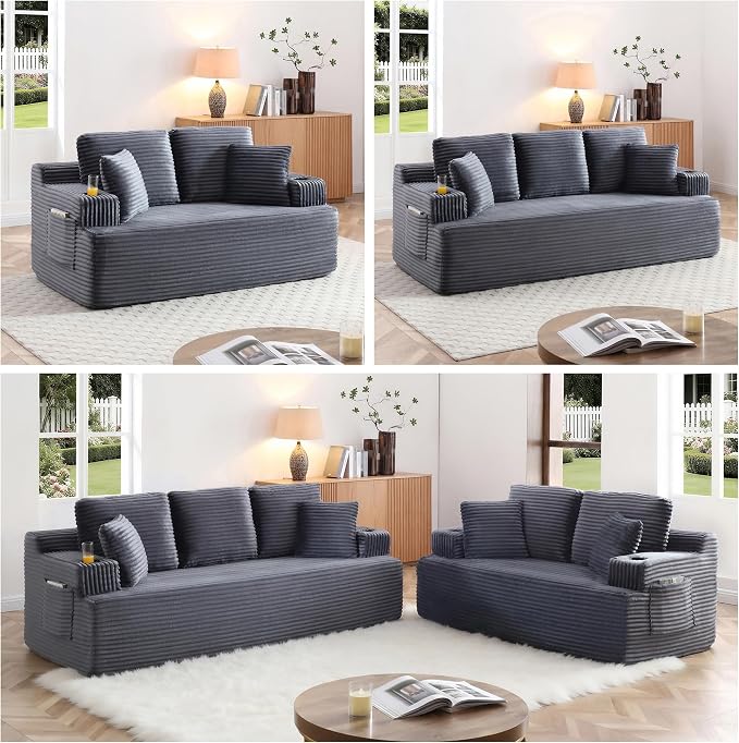 66.5'' Boneless Sofa Couch with Cup Holders & Side Pockets, Modern Corduroy Fabric Upholstered Loveseat Couch with 2 Throw Pillows for Living Room Office, No Assembly (Grey)