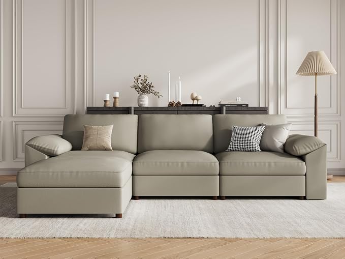 EASE MOOSE Leather Sectional Couch, Oversized Modular Sectional Sofas, Wide Deep Seat Modular Couch, Scratch Resistant Faux Leather Material, L Shaped Sofa for Big Spaces,Light Grey