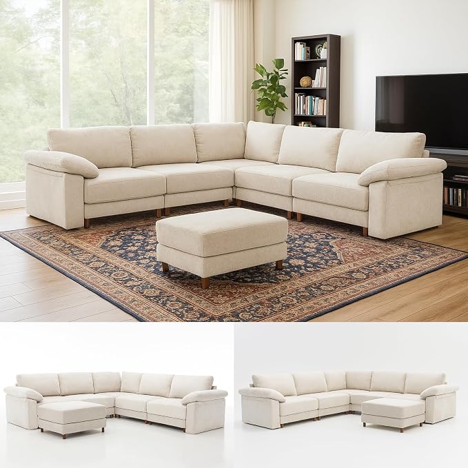 Oversized Modular Cloud Couch with Removable Washable Cover, L/V-Shaped Sectional for Large Living Room, Plush Chenille & Deep Seat(Beige)