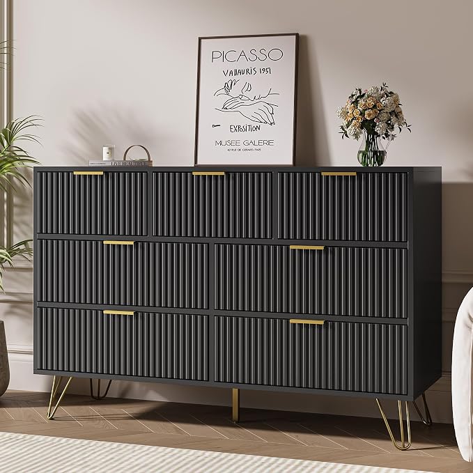 MAISONARIA Black Dresser for Bedroom, 7 Drawer Dresser with Gold Pulls, Wide Chest of Drawers for Bedroom, Entryway, 47.2" L x 15.7" D x 31.4" H