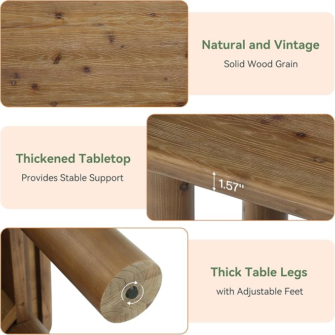 47-Inch Solid Wood Coffee Table, Rustic Rectangular Center Table for Living Room, Low Cocktail Tea Furniture with Thick Cylindrical Legs