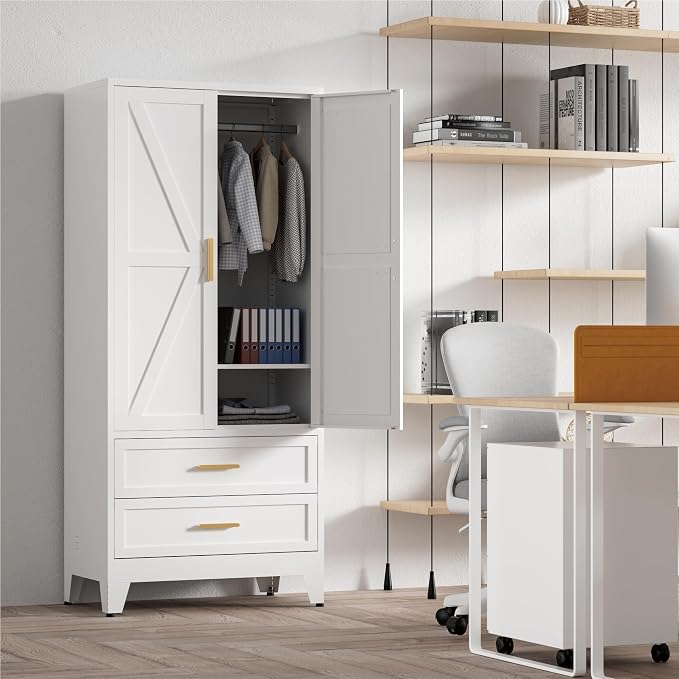 Washsemba 71'' Farmhouse Metal Wardrobe Cabinet with Hanging Rod, 2 Barn Door Wardrobe Closet with Adjustable Shelves,2 Drawer,for Dining Room,Bedroom,Living Room, Cloak Room,Office (White)
