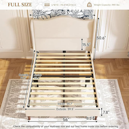 koorlian Full Size Bed Frame Upholstered Platform Bed with 51" Tall Headboard Wingback, Soft Fabric, Retro Simple Style Platform Bed No Box Spring Needed, Easy Assembly, Beige