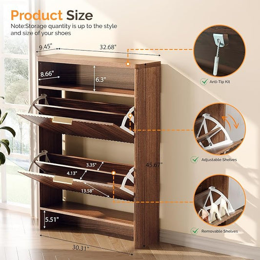 VINGLI Walnut Slim Shoe Cabinet for Entryway, Curved Hidden Shoe Storage Cabinet with 2 Flip Drawers & Open Shelf, Modern Narrow Shoe Organizer with Fluted Panel & Anti-Tip Kit, 32.7" W, Dark Wood