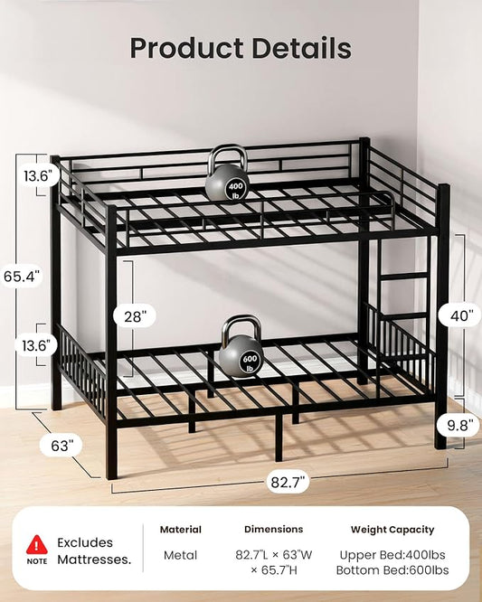 Mixcous Queen Over Queen Bunk Bed, Heavy Duty Metal Queen Bunk Bed Frame with Full-Length Guardrails & EVA Anti-Slip Ladder for Adults, Noise-Free, No Box Spring Needed, Black