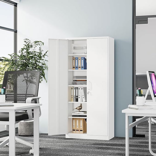 Fesbos Metal Storage Cabinet-72” Tall Steel File Cabinets with Lockable Doors and 5 Adjustable Shelves-White Steel Storage Cabinet for Home, School, Office, Garage