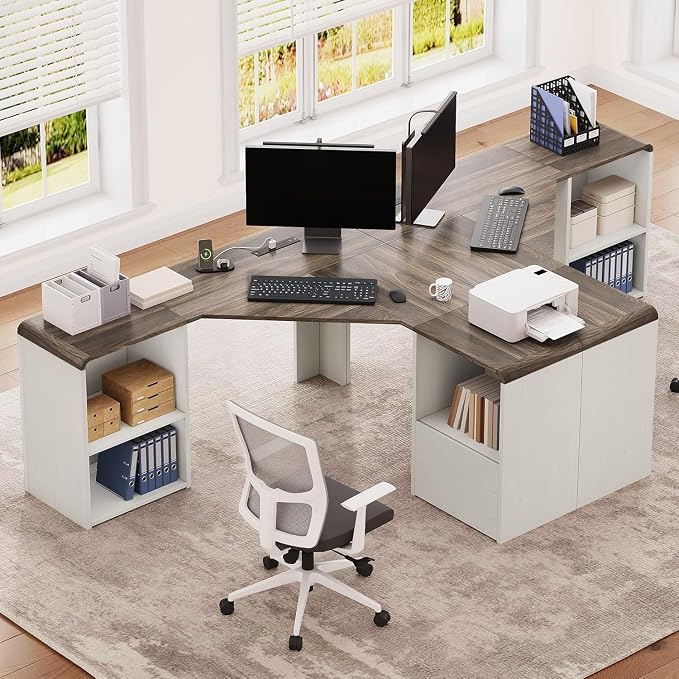 L Shaped Desk with Power Outlets & USB C Port, 59'' Reversible L-Shaped Computer Desk with File Drawer for Letter Legal Size, Corner Office Desk with Storage Shelves, Rounded Corners, White