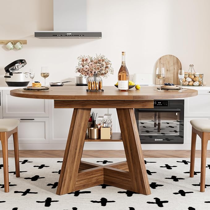 43.3in-59in Extendable Dining Table for 4-6, Round Kitchen Dining Room Table with Removable Leaves Space Saving, Space Saving, Wooden Cross Base with Storage Shelf for Kitchen Living Room (Walnut)