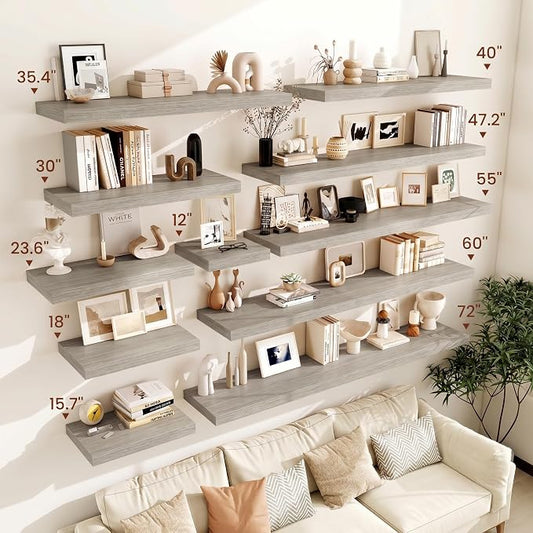 Vivelove 12 in Deep Floating Shelves for Wall, 60" x 12" x 2" Shelves for Room Wall Mounted, 2 Inch Thick Shelf for Bathroom Bedroom Kitchen Book Room, Modern Farmhouse Decor, Set of 1, Grey
