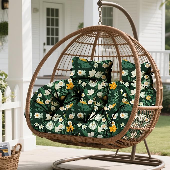 Double Egg Chair Cushion Replacement Waterproof for Outdoor Patio Hanging Basket Egg Chairs, 59x43-Inch Thickened 100% Cotton Large Double Eggs Swing Chair Cushions, Green Peony