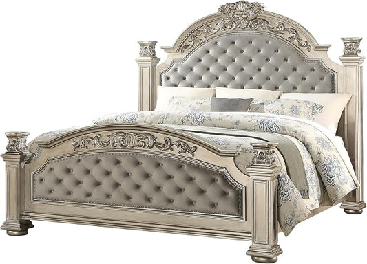 First of a Kind Platinum Traditional 5 Piece King Bedroom Set with Upholstered Tufted Headboard Elegant European Inspired Design Coordinated Furniture Collection, Silver