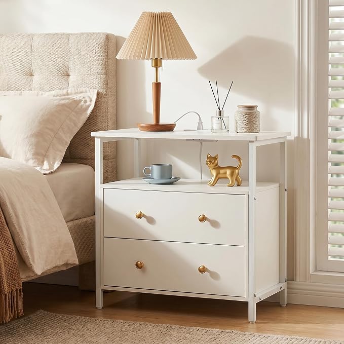 Edbuosy 27 inch Wide Night Stand with Charging Station, Bedside Table with Open Shelf, 2 Drawers Small Wood Dresser, Modern Wood Nightstand for Bedroom/Living Room, White