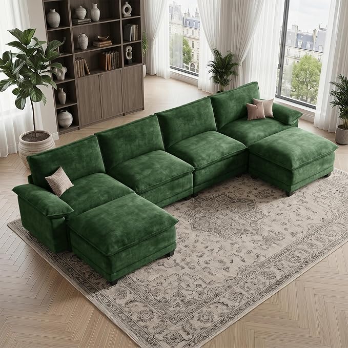 Modern U Shaped Sofa Couches for Living Room, Modular Sectional Cloud Couch with Movable Ottoman, Comfy Chenille Sofa for Apartment and Small Space, Green