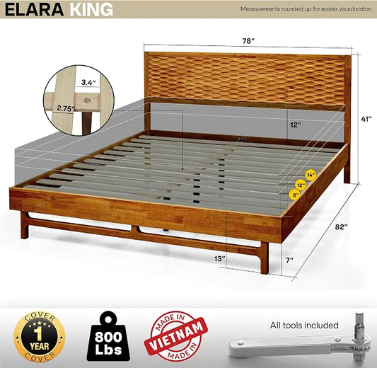 Acacia Elara King Platform Bed Frame – Mid-Century Modern Style, Carved Headboard, Solid Wood, Caramel Finish, No Box Spring, 800lbs Support, Easy Assembly with Tools Included