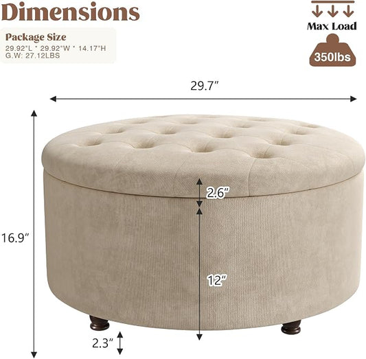 30 Inch Round Storage Ottoman,Modern Tufted Ottomans,Circular Coffee Table with Removable Top,Upholstered Large Ottoman with Storage Footrest Stool for Bedroom Living Room (Lightbrown)