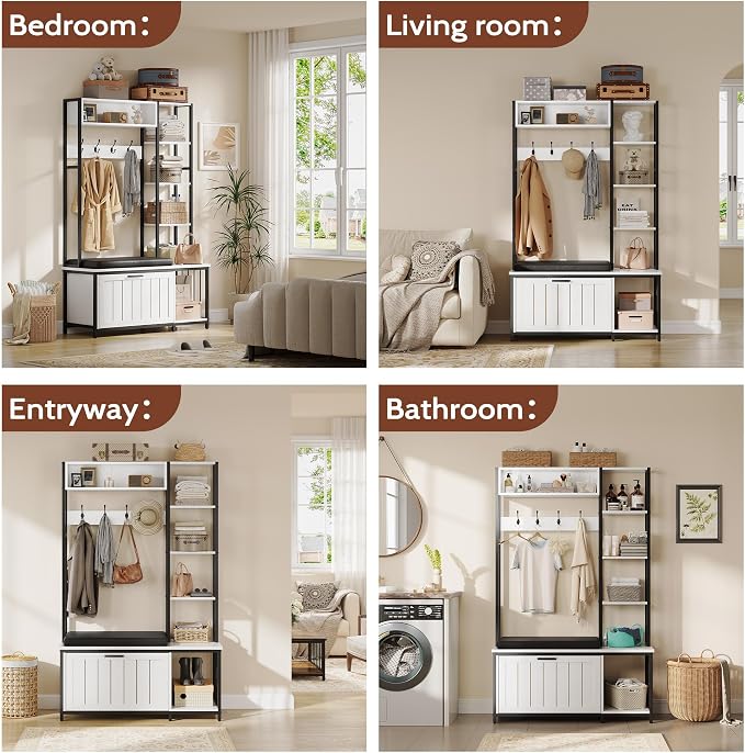 Hall Tree Coat Rack, Hall Tree With Bench and Shoe Storage Shoe With, Mud Room Storage Furniture,39.37 X 15.74 X 69.69 Inches, Rustic White