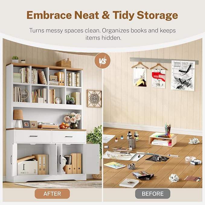 TEENFON Storage Cabinet with Doors and Drawers, Pantry Cabinets, 5 Tier Floor Standing Bookshelves, Bookshelf and Bookcase, 8 Open Storage Shelves and Printer Stand for Study, Living Room, Office