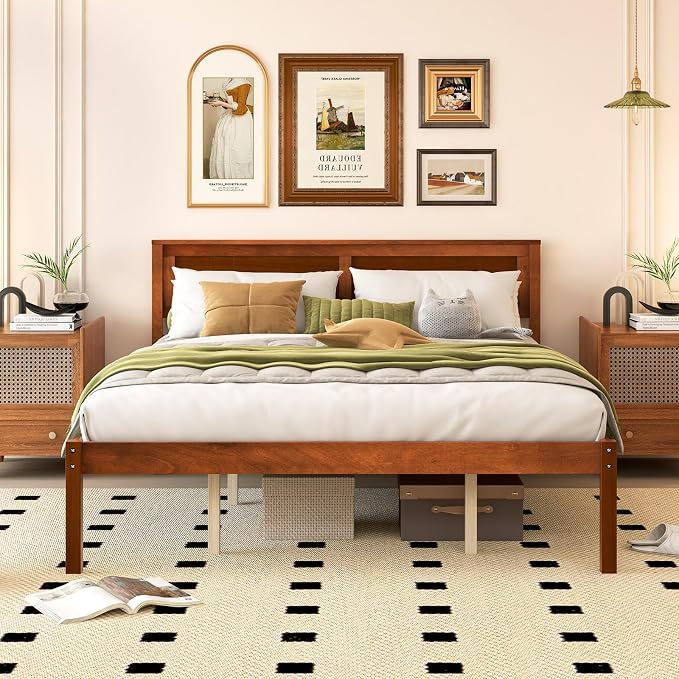 Giantex Queen Wood Platform Bed Frame with Headboard, Mid Century Queen Bed Frame with Wood Slat Support, Solid Wood Foundation with 16" Under Bed Storage, No Box Spring Needed, Easy Assembly