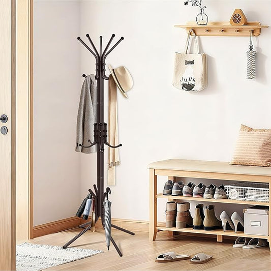 Metal Coat Rack, Freestanding Coat Tree & Hall Tree with 15 Hooks, Sturdy Coat Rack Stand and Hat Rack, Coat Hanger for Entryway, Bedroom, Office for Jackets, Hats, Bags,Brown