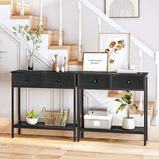 HOOBRO 29.5" Narrow Console Table with 2 Fabric Drawers, Small Entryway Table with 2-Tier Storage Shelves, Sofa Table, Behind Couch Table, for Living Room, Hallway, Black BB71XG01
