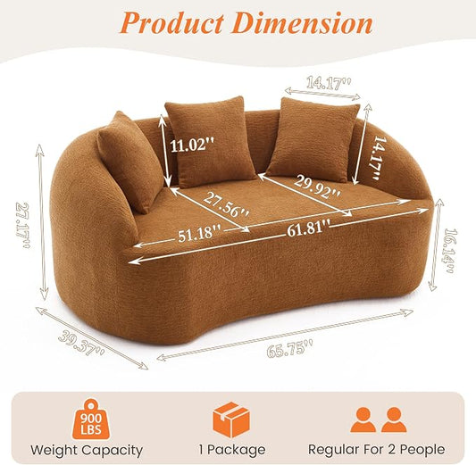 66" Curved Loveseat Sofa for Small Space, Boneless Chenille Boucle Cloud Couch, Luxury Extra High Back & Deep Seat, Oversized Comfort with No Assembly Required for Office, Dorm (Orange)