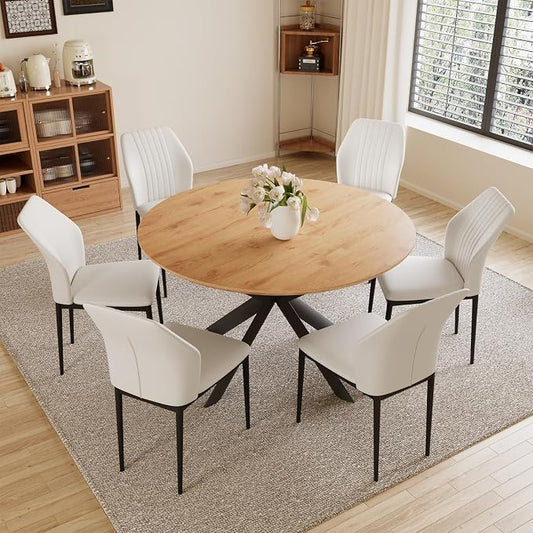 HIPIHOM 43.2"-59.1" Extendable Round Dining Table and PU Chairs for 4-6 | Mid century modern oak MDF board, scratch resistant surface, space saving, easy to clean, coffee table style