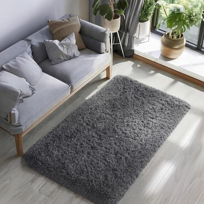Ophanie Runner Rug for Hallway, 3x6 Washable Non-Slip Fluffy Soft Bedside Rugs, Bedroom Living Room Shaggy Carpet for Kids Girls Boys Dorm Nursery Decor Aesthetic, Grey with Over 99 pcs Pile fibers
