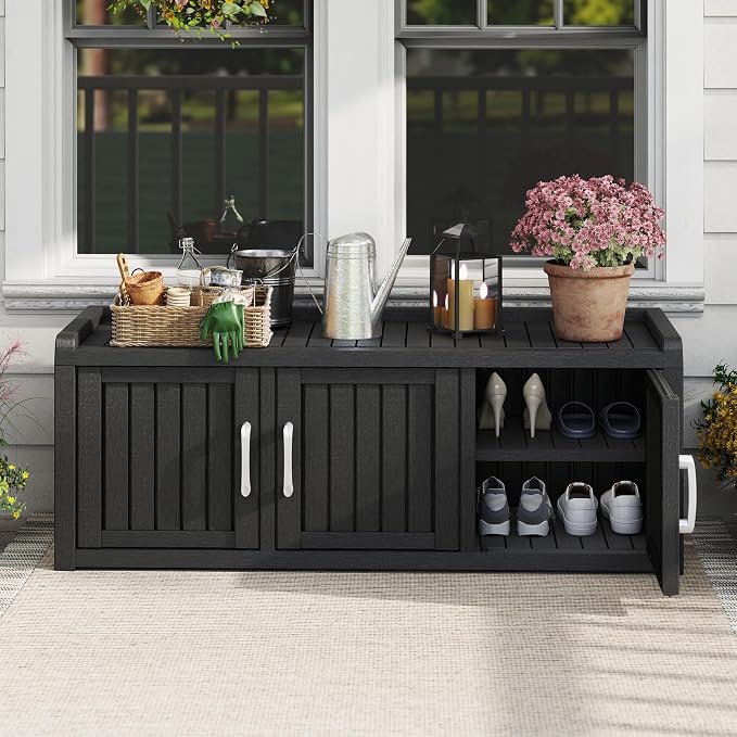 Outdoor Shoe Bench, Waterproof UV-Resistant Indoor Resin Shoe Cabinet, Entryway Shoe Storage with 3 Doors, Living Room, Bedroom, Black (3 Door)