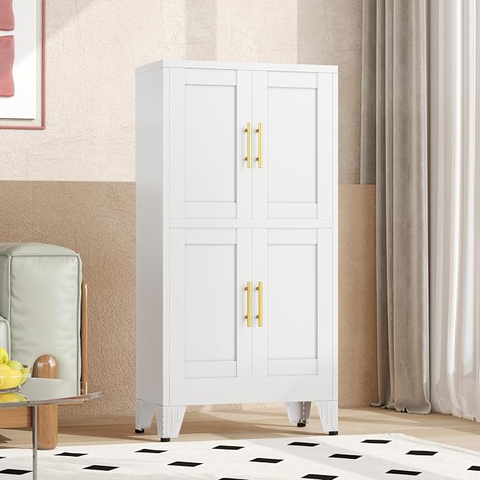 winiowa 47" Tall Kitchen Pantry Cabinet, Metal Storage Cabinet with Doors and Adjustable Shelves, White Freestanding Pantry Cabinet for Kitchen, Dining Room, Living Room, Laundry Room, Bathroom