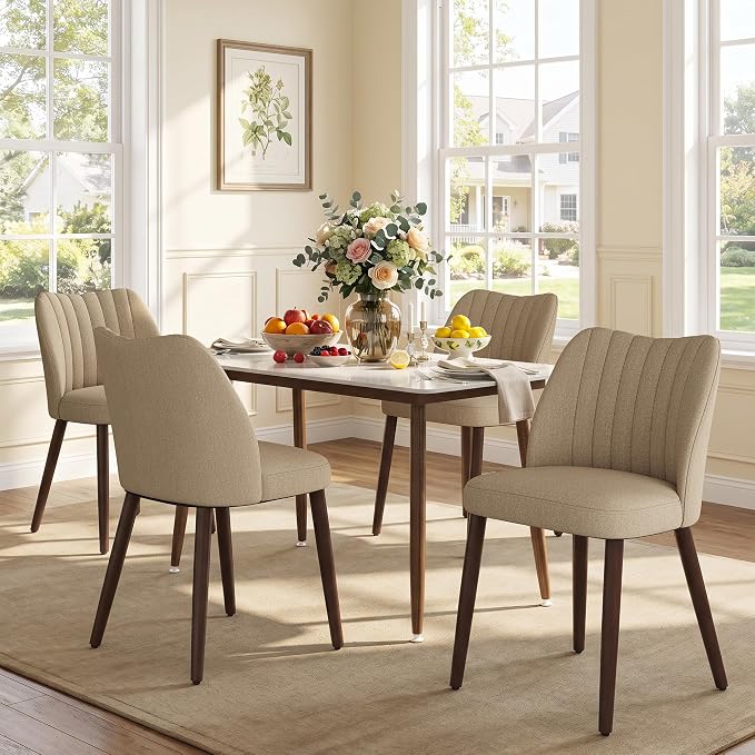 Upholstered Dining Chairs Set of 4, Modern Fabric Dining Chairs with Curved Backrest & Solid Rubber Wood Legs, Padded Kitchen Dining Room Chairs for Restaurant Cafe, Camel