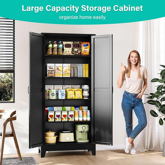 SISESOL Wide & Deep Pantry Storage Cabinets with 2 Doors and 5 Shelves,Tall Storage Cabinet,Large Cupboard Closet,Farmhouse Storage Cabinet for Home,Kitchen,Dining/Living Room (Black, 72" H)