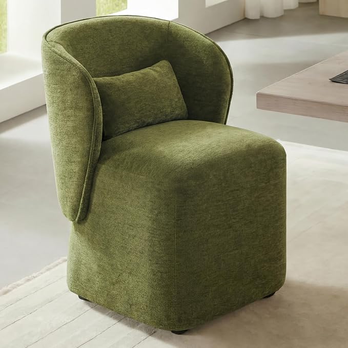 KISLOT Upholstered Dining Chairs with Wheels, Easy Assembly Stain Resistant Fabric Modern Barrel Armchair with Lumbar Cushion, Dining Room Chairs for Kitchen Living Room Bedroom, Green, Set of 2