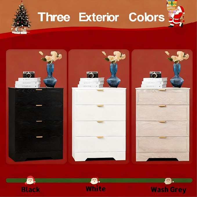 37-inch Tall Chest of Drawers, 4 Drawer Dresser for Bedroom, Grey Wood Dresser with Large Drawers, Modern Storage Cabinet for Closet, Living Room, Entryway, Wash Grey