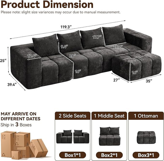 119" Boneless Couch, Oversized Cloud L Shaped Couch, Modular Sectional 4 Seater Sofa with Deep Seat, Modern Sectional Memory Foam Couches for Living Room, Tufted Sofa, No Assembly Required, Dark Grey