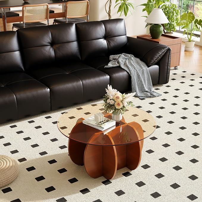 Coffee Table for Living Room Mid Century Modern Round Center Table with Glass Top and Wood, Walnut Brown