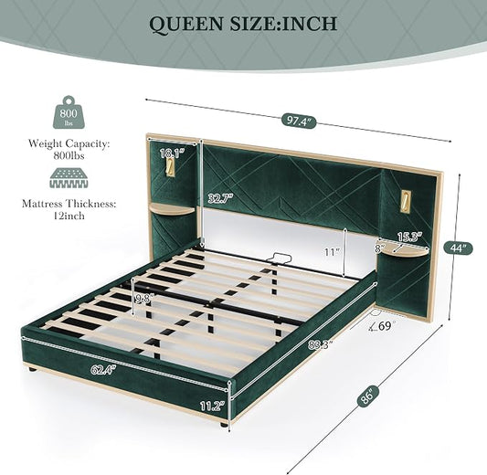 Merax Queen Bed Frame with Wingback Headboard, Luxury Velvet Upholstered Platform Bed Frame King Size with 2 Built-in Led Lights and 2 Floating Storage Shelves for Bedroom, No Box Spring Needed, Green