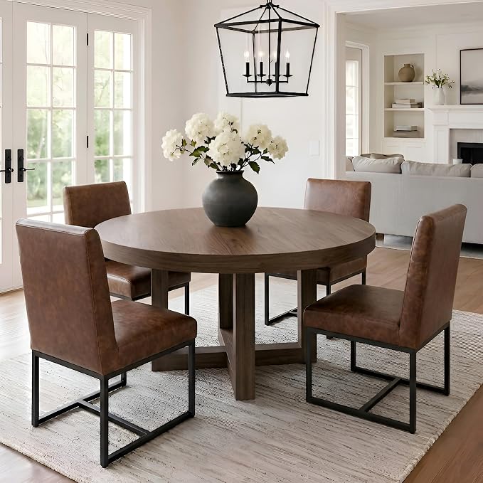HNY Modern Dining Chairs Set of 4, Upholstered Leather Dining Room Chairs with Ergonomic Back & Metal Frame for Home, Kitchen, Apartment, Brown
