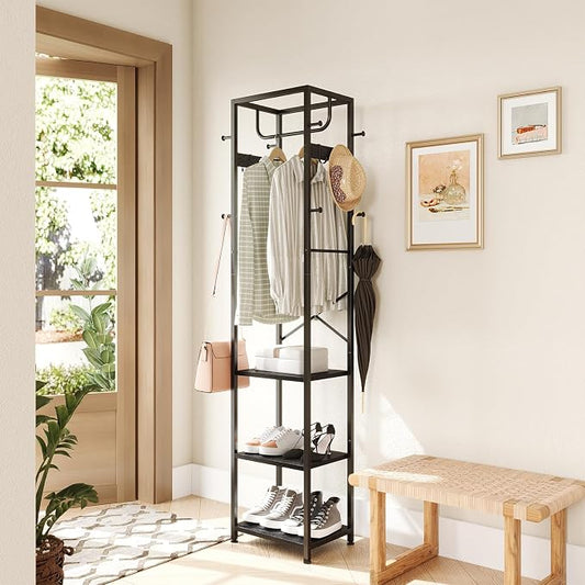 ELYKEN Coat Rack Freestanding, Hall Tree with 3 Storage Shelves and 12 Hooks, Metal Clothes Rack Stand Organizer for Bedroom, Hallway, Entryway, Office, Living Room, Black