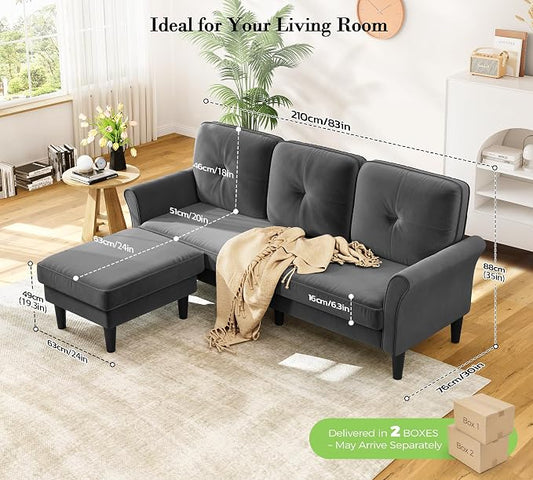 Kidirect Small Sectional Couch, 83" L Shaped Couch, Comfy Velvet Couches for Living Room, Tool-Free Setup Modular Sectional Sofa, 850lbs Load Sofas for Living Room with 1 Movable Ottoman, Grey Couch