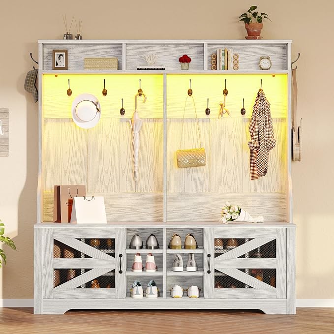 Itaar Hall Tree with Bench and Shoe Storage, 5-in-1 Entryway Bench with Coat Rack, 16 Shoe Cubbies & 12 Coat Hooks, Barn Door & Adjustable Shelf (Embossed White)