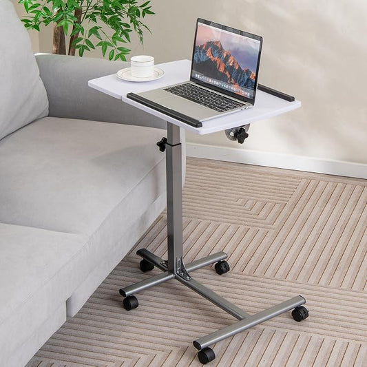 Tangkula Mobile Overbed Table Couch Table, Rolling Angle & Height Adjustable Laptop Stand Cart, Desk with Smooth & Lockable Wheels, Tray Table for Bed Sofa Side Table (White)