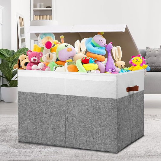 Gowee Large Toy Storage Box with Lid, Sturdy Toys Storage Chest Bin Organizer Basket with Dividers for Kids, Boys, Girls, Nursery, Closet, Bedroom, Playroom 26"x17" x17" (Grey and White)