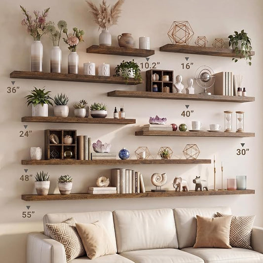 Vivelove 10 Inch Deep Floating Shelves 40 inch Long, 40 x 10 Wide Wall Shelves with Invisible Brackets, for Bedroom Bathroom Living Room Kitchen Office, Farmhouse Home Decor, Set of 2, Rustic Brown
