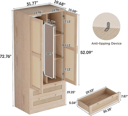 72" Tall Wardrobe Armoire Closet with Mirror, Rattan Armoire Storage Cabinet with 2 Doors and Hanging Rod, Wooden Wardrobe Closet Storage with 2 Larger Drawers and Shelves for Bedroom, Cloak Room