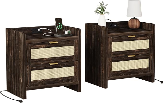 Luoxiao Nightstand Set of 2 with Charging Station - 4 Outlets & 4 USB Ports, Rattan Drawers Side Table, Boho Wood Bedside Tables End Table for Bedroom, Small Space, Easy Assembly (15.4"x23.6"x21.5")