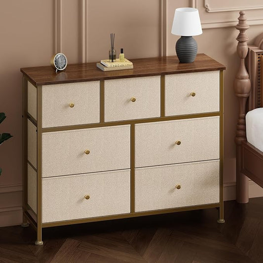 Sweetcrispy 7 Drawer Dresser with Fabric Bins, Fabric Storage Tower Organizer for Bedroom, Closet, Hallway, Entryway, Tall Chest of Drawers with Steel Frame, Wood Top, Large Storage, Khaki