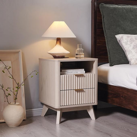 T4TREAM Fluted Nightstand Set of 2 with Charging Station, 18" Modern Side Table with 2 Drawer, End Table w/Storage, Bedside for Bedroom, Living Room, Curved Profile Design, White Alder