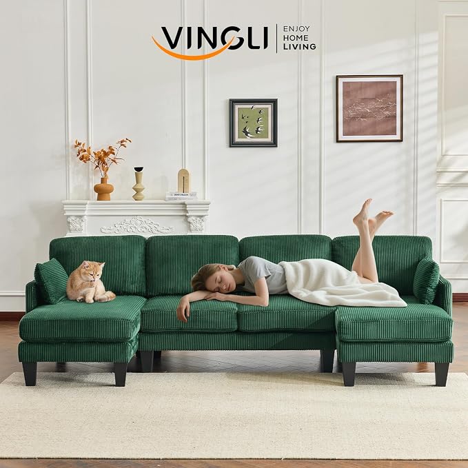 VINGLI 108" W U-Shaped Sectional Couches for Living Room, Sturdy Wooden Armrest Corduroy Cloud Couch with Double Chaise, High Support Modern 4-Seat Sectional Sofa for Apartment, Offices, Dark Green