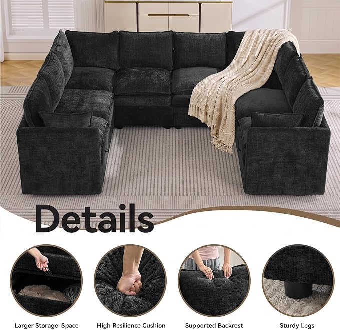105" Black Oversized Modular Storage Sofa, U Shaped Chenille Cloud Couch | Oversized Convertible Sectional Sofa, 8-Seat Sectional Couch With Armrests, Large Cloud Couch For Living Room, Apartment.